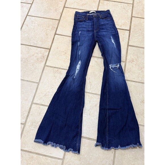 Lil Bees Bohemian Denim - Lil Bee's Bohemian Distressed Bell Bottom Flare Jeans Size 7 High Rise USA Made